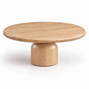 Solen Round Solid Oak Coffee Table with Sculptural Drum Pedestal Base in Natural Oak Finish