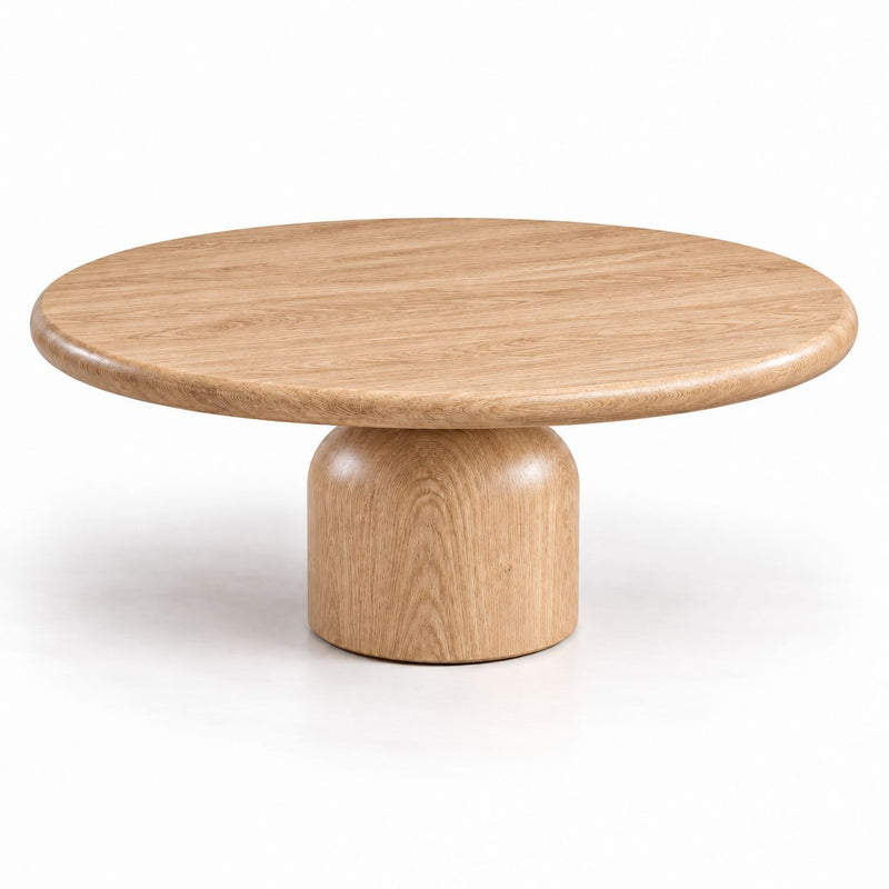 Solen Round Solid Oak Coffee Table with Sculptural Drum Pedestal Base in Natural Oak Finish