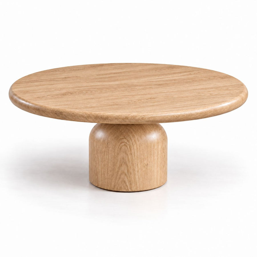 Solen Round Solid Oak Coffee Table with Sculptural Drum Pedestal Base in Natural Oak Finish