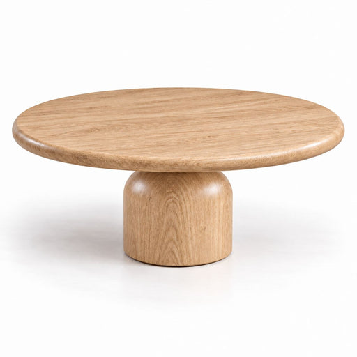 Solen Round Solid Oak Coffee Table with Sculptural Drum Pedestal Base in Natural Oak Finish