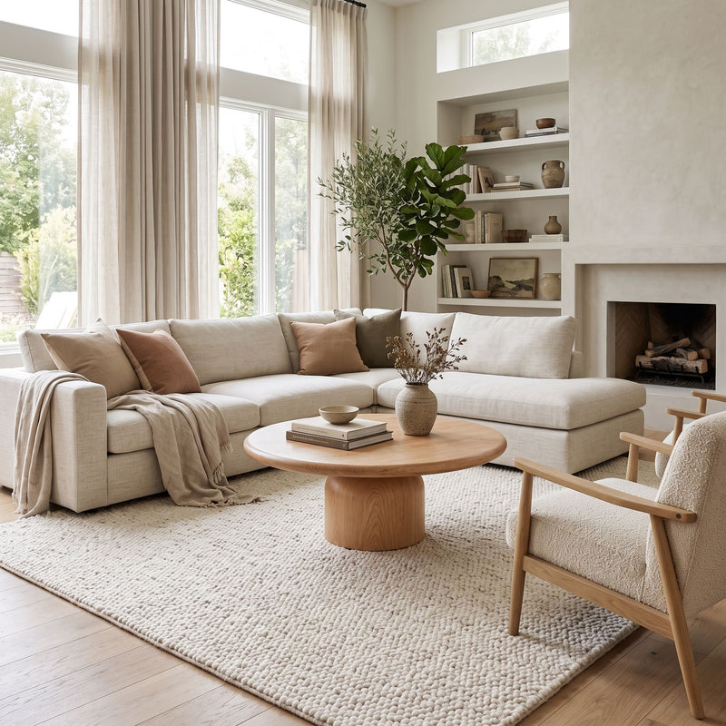 Solen Round Solid Oak Coffee Table in Natural Oak Finish Styled with Sectional Sofa and Armchair in a Japandi Living Room