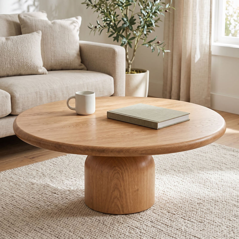 Solen Round Solid Oak Coffee Table in Natural Oak Finish Styled with Book and Ceramic Mug in a Cozy Living Room