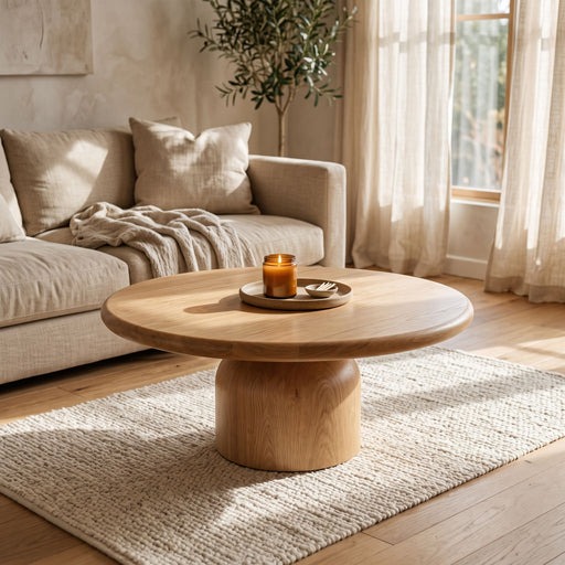 Solen Round Solid Oak Coffee Table in Natural Oak Finish Styled with Candle Tray in a Cozy Japandi Living Room