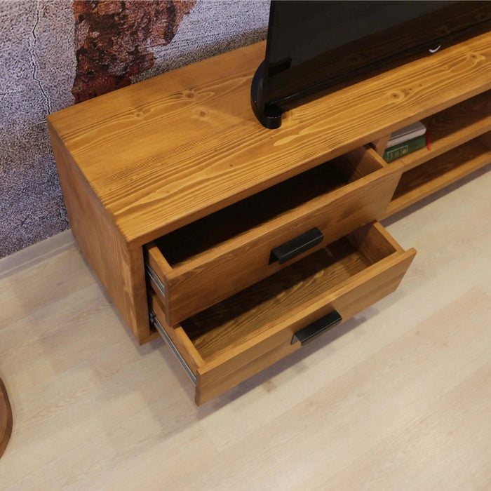 Solid Pine Wood TV Stand with Drawers and Shelves