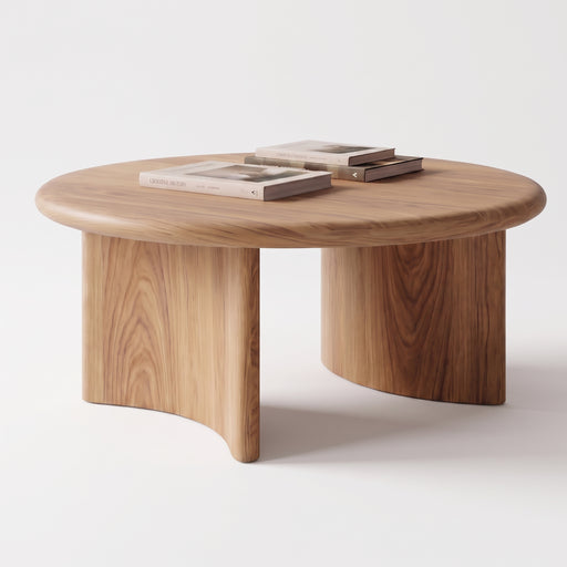 Soren Round Oak Coffee Table | Sculptural Scandinavian Modern Design with a natural oak finish, featuring two cylindrical legs and a curved front support, styled with three books on top against a clean white background.