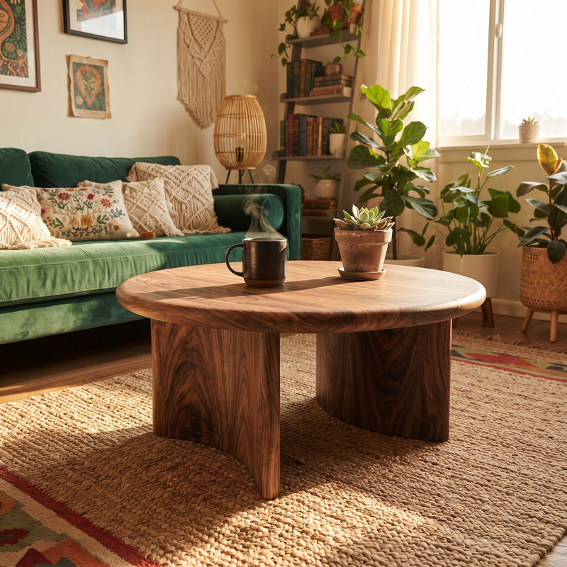 Soren Round Solid Walnut Wood Coffee Table | Sculptural Scandinavian Modern Design
