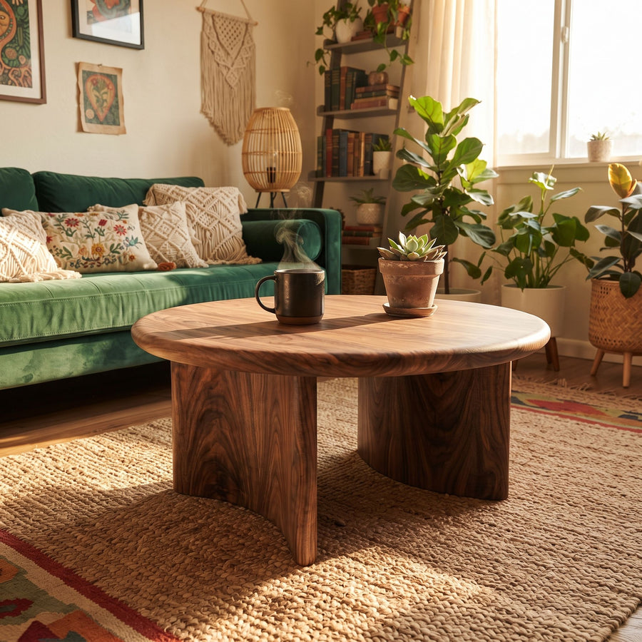 Soren Round Solid Walnut Wood Coffee Table | Sculptural Scandinavian Modern Design
