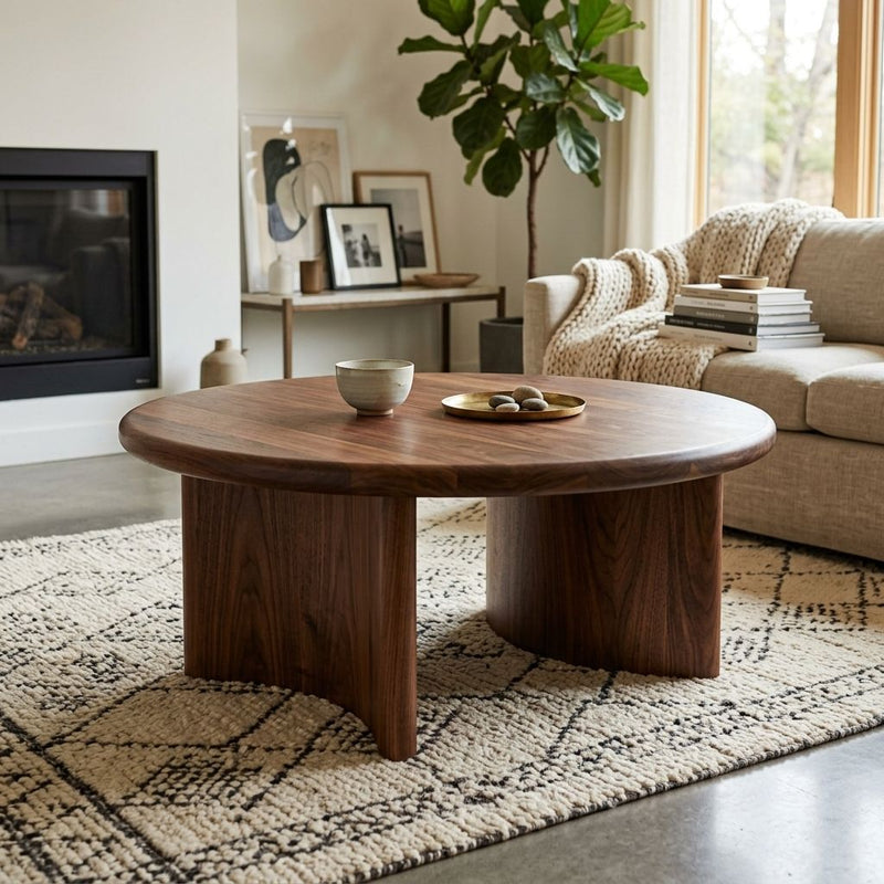 Soren Round Solid Walnut Wood Coffee Table | Sculptural Scandinavian Modern Design