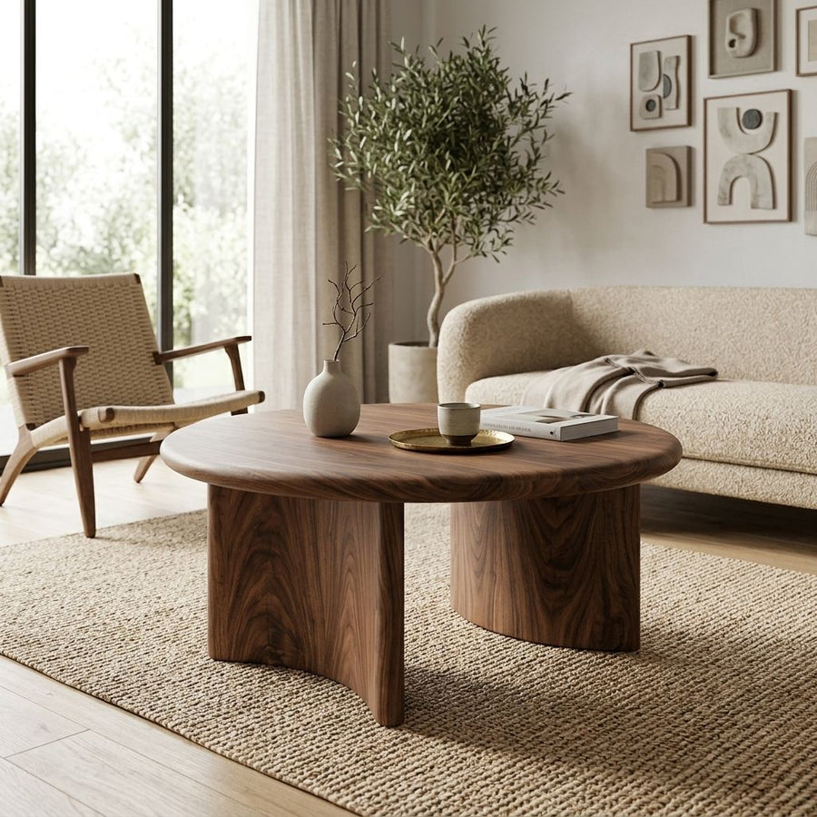 Soren Round Solid Walnut Wood Coffee Table | Sculptural Scandinavian Modern Design