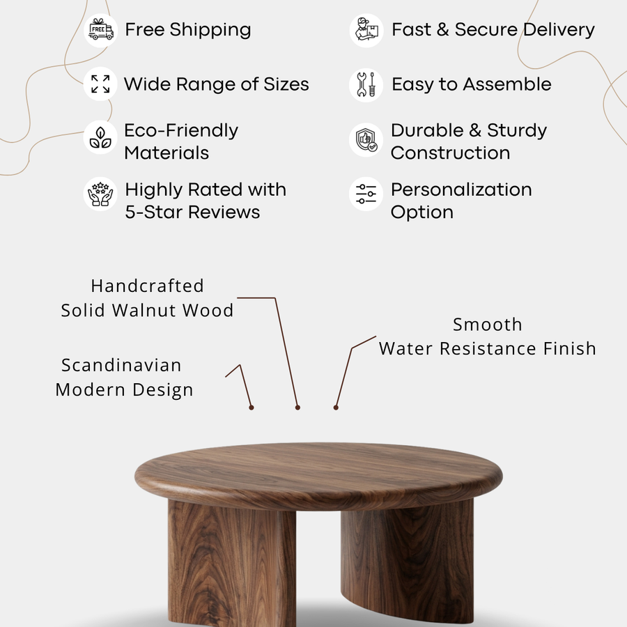 Soren Round Solid Walnut Wood Coffee Table | Sculptural Scandinavian Modern Design