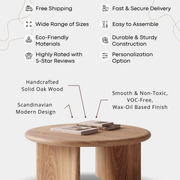 Soren Round Oak Coffee Table | Sculptural Scandinavian Modern Design with a smooth, non-toxic finish, shown on a white background with text callouts highlighting its features and design.