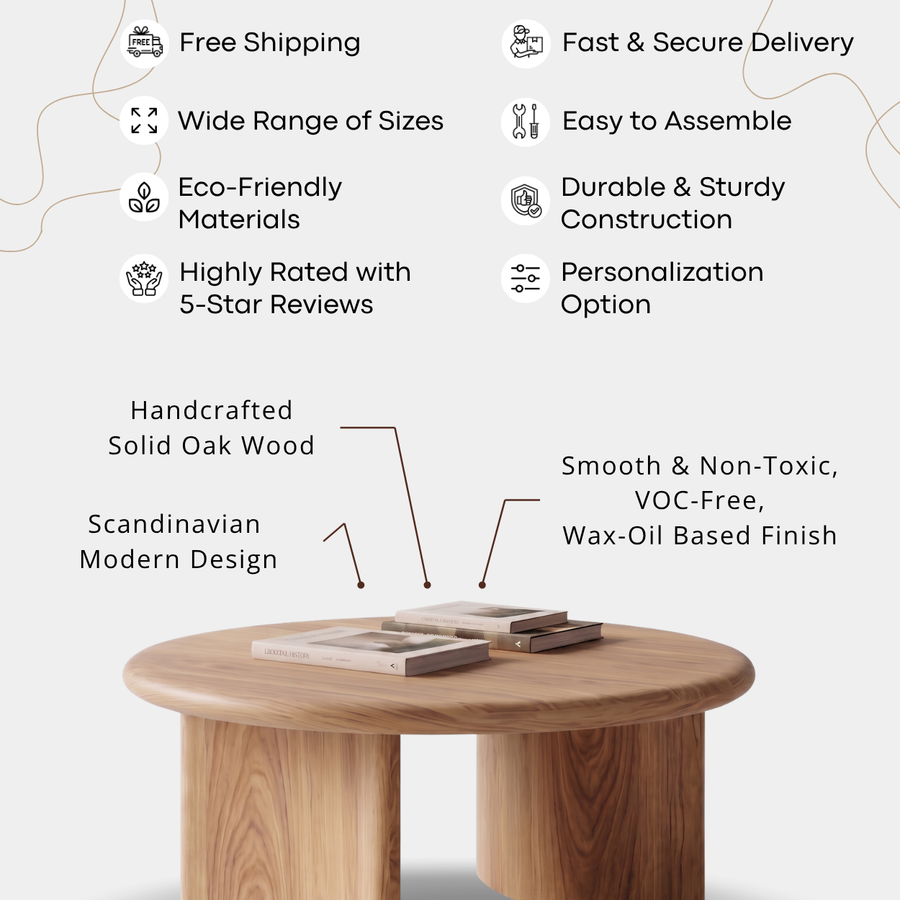 Soren Round Oak Coffee Table | Sculptural Scandinavian Modern Design with a smooth, non-toxic finish, shown on a white background with text callouts highlighting its features and design.