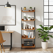 Tempo Wooden Ladder Bookcase | Narrow Industrial Design with warm medium-brown wood shelves and a black metal frame, styled with books, small potted plants, vases, and a storage box in a bright home office setting.