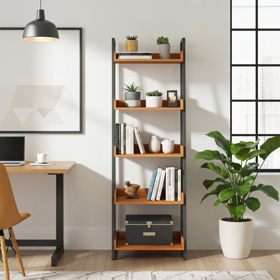 Tempo Wooden Ladder Bookcase | Narrow Industrial Design with warm medium-brown wood shelves and a black metal frame, styled with books, small potted plants, vases, and a storage box in a bright home office setting.