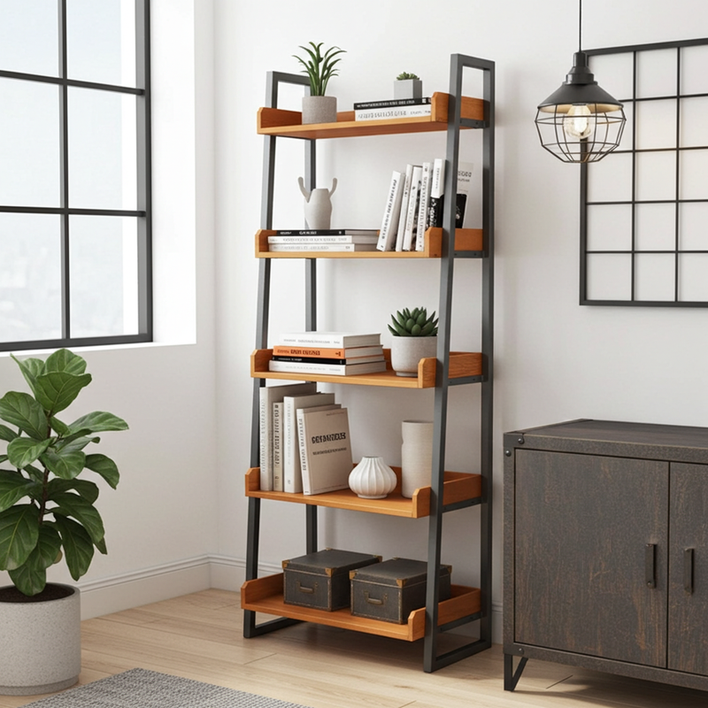 Tempo Wooden Ladder Bookcase | Narrow Industrial Design with warm orange-brown wood shelves and a black metal frame, styled with books, vases, and potted plants in a bright room next to a window and cabinet.