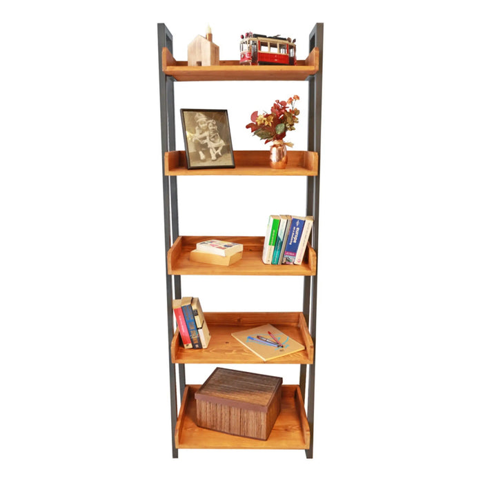 Wooden ladder bookcase placed against a minimalist wall, showcasing its raw beauty and industrial charm