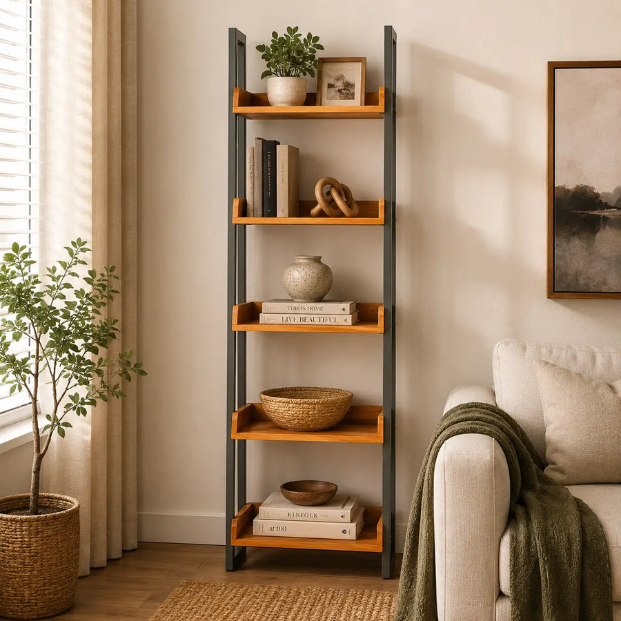 Tempo Wooden Ladder Bookcase | Narrow Industrial Design