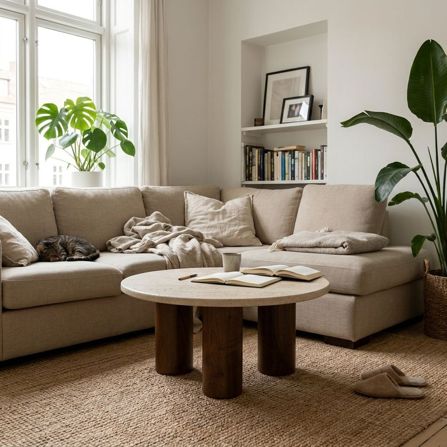 Terra Round Travertine Coffee Table with Walnut Wood Triple Pedestal Base - Sculptural Modern Design Styled in a Cozy Living Room by Tomruque