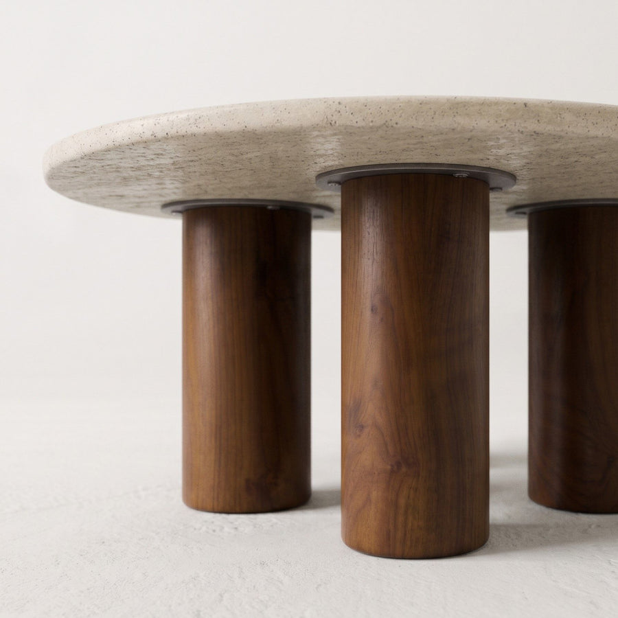 Macro Close-Up of Solid Walnut Cylindrical Leg and Metal Connection on Terra Round Coffee Table - Sculptural Modern Design by Tomruque