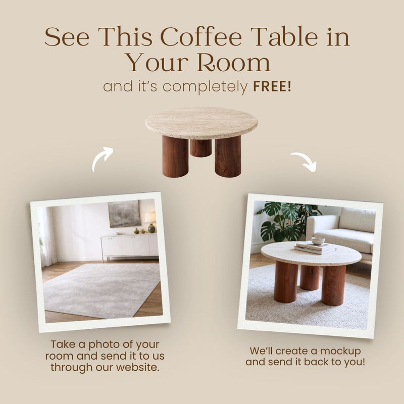 Free Virtual Room Visualizer Banner for Terra Round Travertine Coffee Table with Walnut Wood Triple Pedestal Base - Sculptural Modern Design by Tomruque