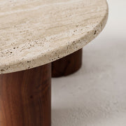 High-Angle Macro Close-Up of Travertine Stone Top Surface and Walnut Base on Terra Round Coffee Table - Sculptural Modern Design by Tomruque