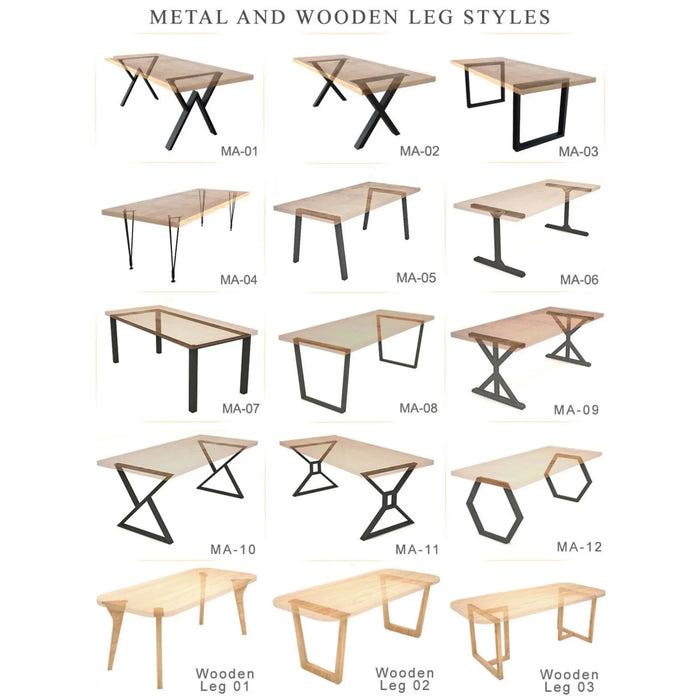 Side angle of the Toledo wooden dining table with a minimalist design, featuring versatile leg styles such as hairpin legs, trestle legs, tapered legs, pedestal legs, X-frame legs, A-frame legs, square metal legs, angled legs, spindle legs, cross-brace legs, sled legs, and geometric legs, perfect for modern dining rooms.