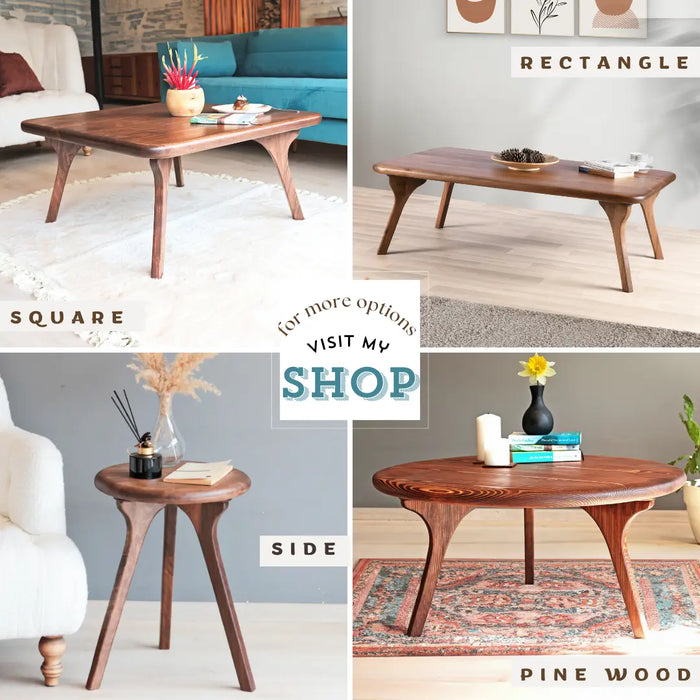 Inviting image featuring the Sidney Solid Wood Mid-Century Round Coffee Table, beautifully arranged with decorative items, set against a clean backdrop that encourages visitors to explore the shop and discover more quality furniture pieces.