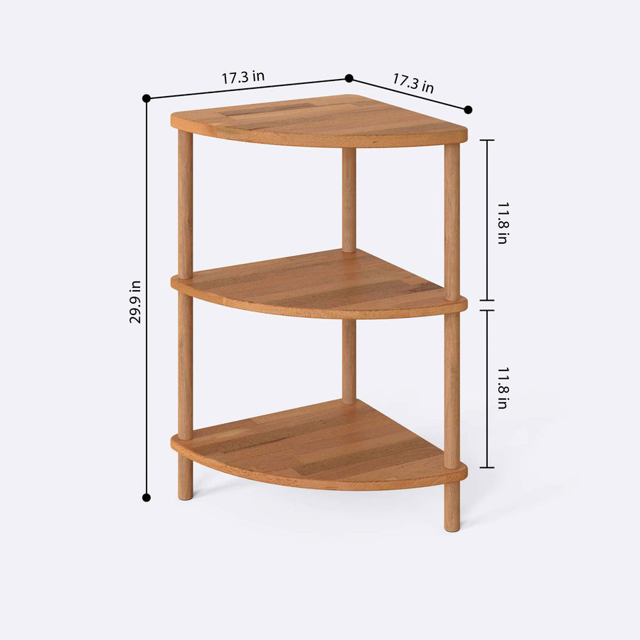 Close-up of the top shelf of Webb Wood Corner Bookcase showcasing fine wood grain and minimalist design