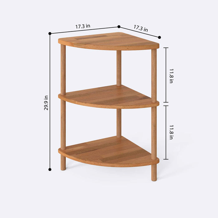 Close-up of the top shelf of Webb Wood Corner Bookcase showcasing fine wood grain and minimalist design