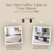 Promotional banner for Tomruque free room mockup service featuring before and after living room photos with Wilder Rectangular Travertine Coffee Table