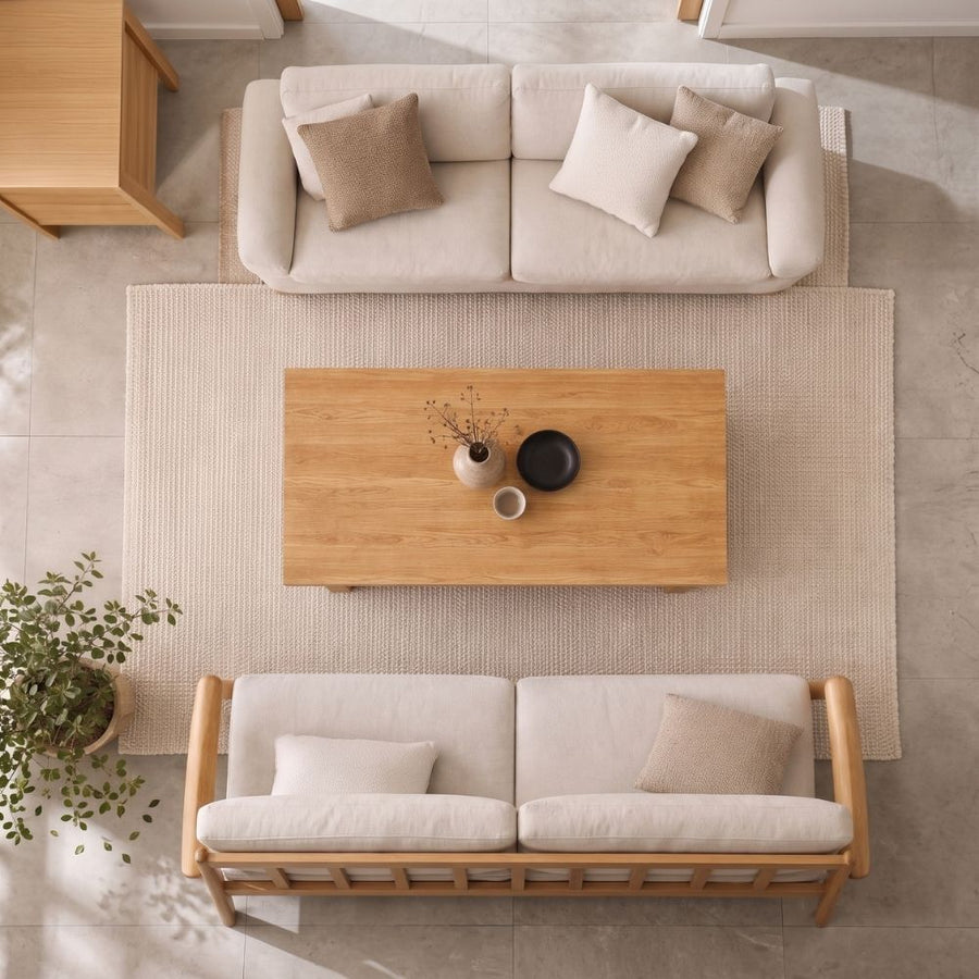 Overhead view of Yoro Solid Oak Wood Coffee Table