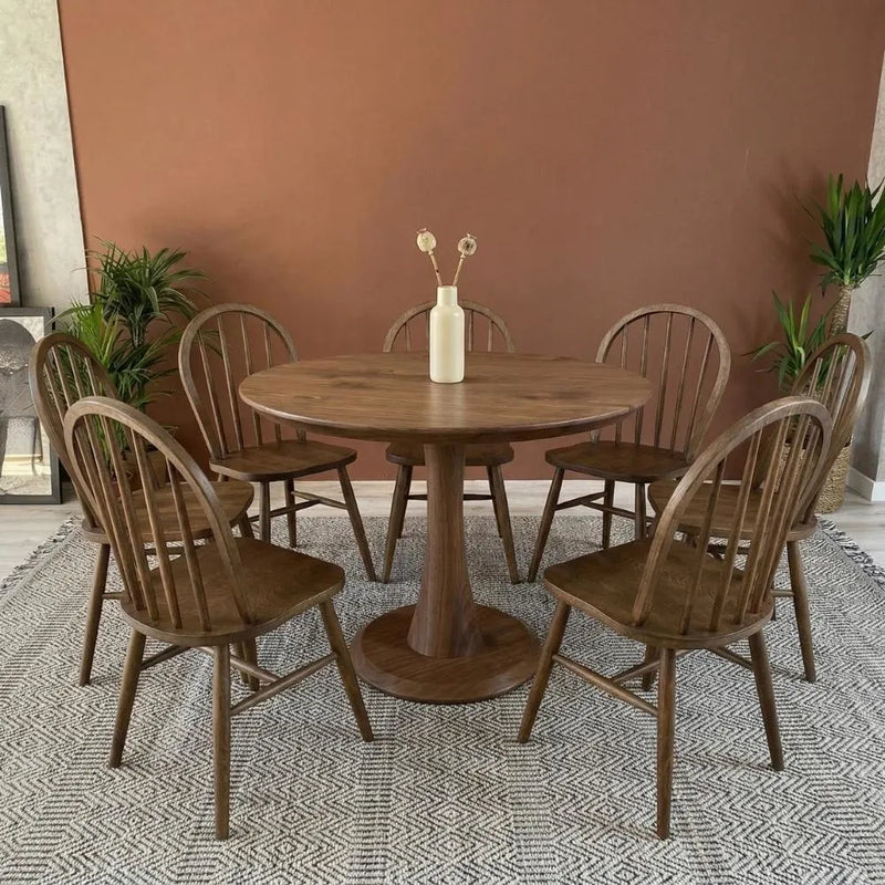 Alya Solid Walnut Sculptural Pedestal Dining Table – Round Modern Design