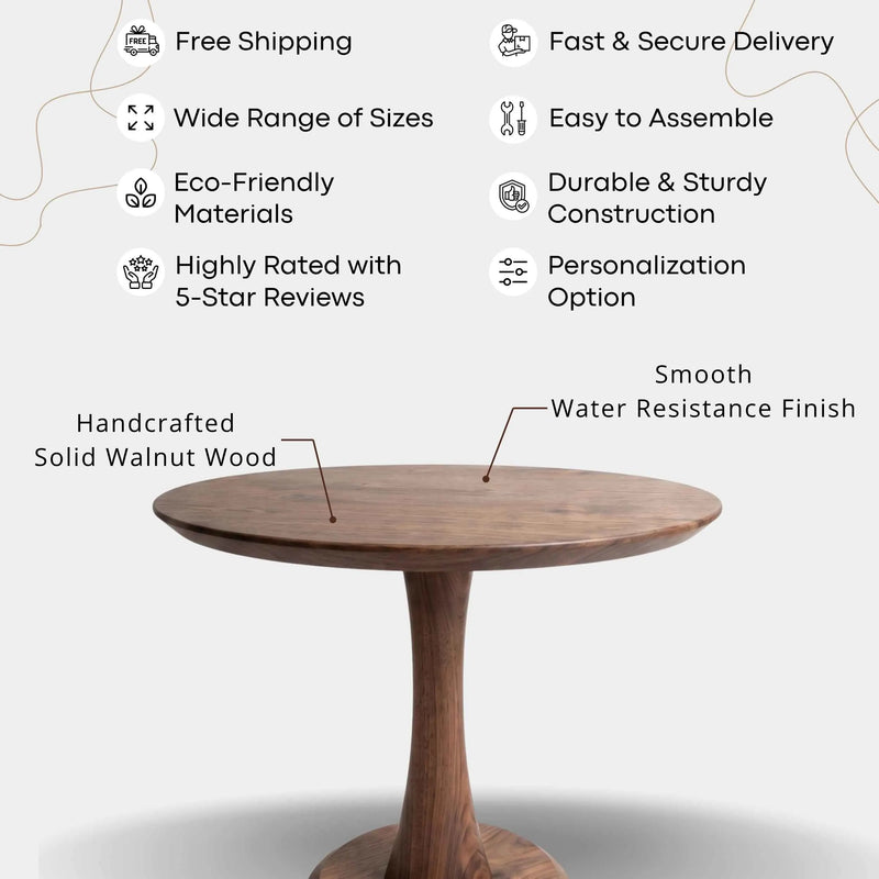 Alya Solid Walnut Sculptural Pedestal Dining Table – Round Modern Design