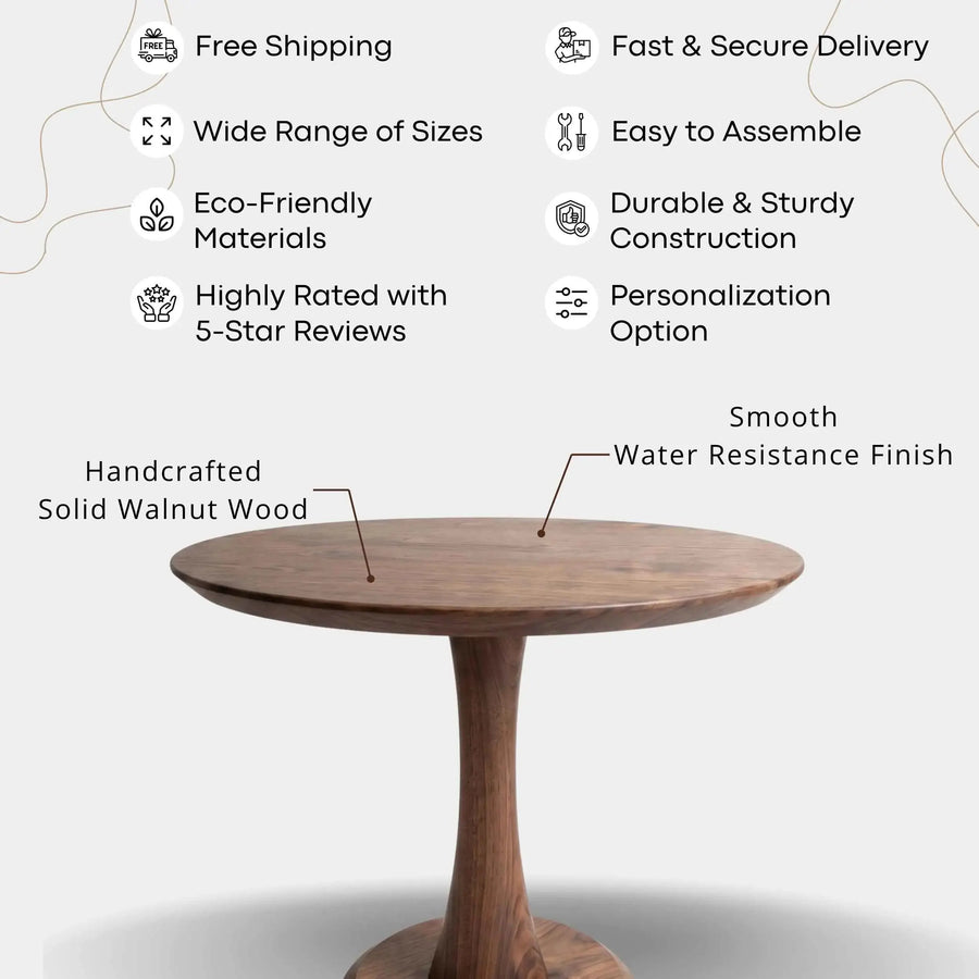 Alya Solid Walnut Sculptural Pedestal Dining Table – Round Modern Design Mozilya