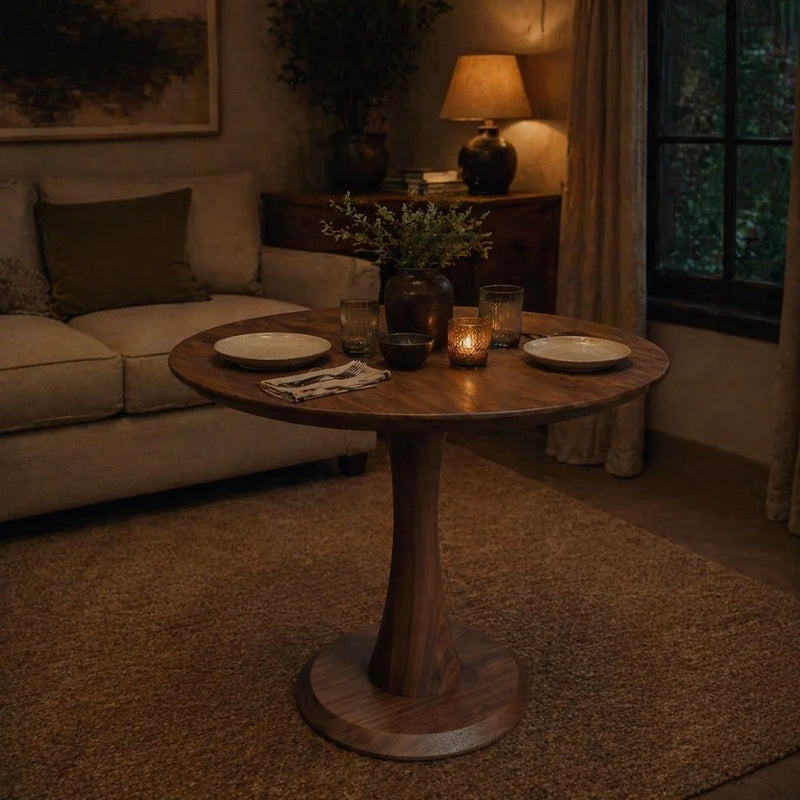 Alya Solid Walnut Sculptural Pedestal Dining Table – Round Modern Design
