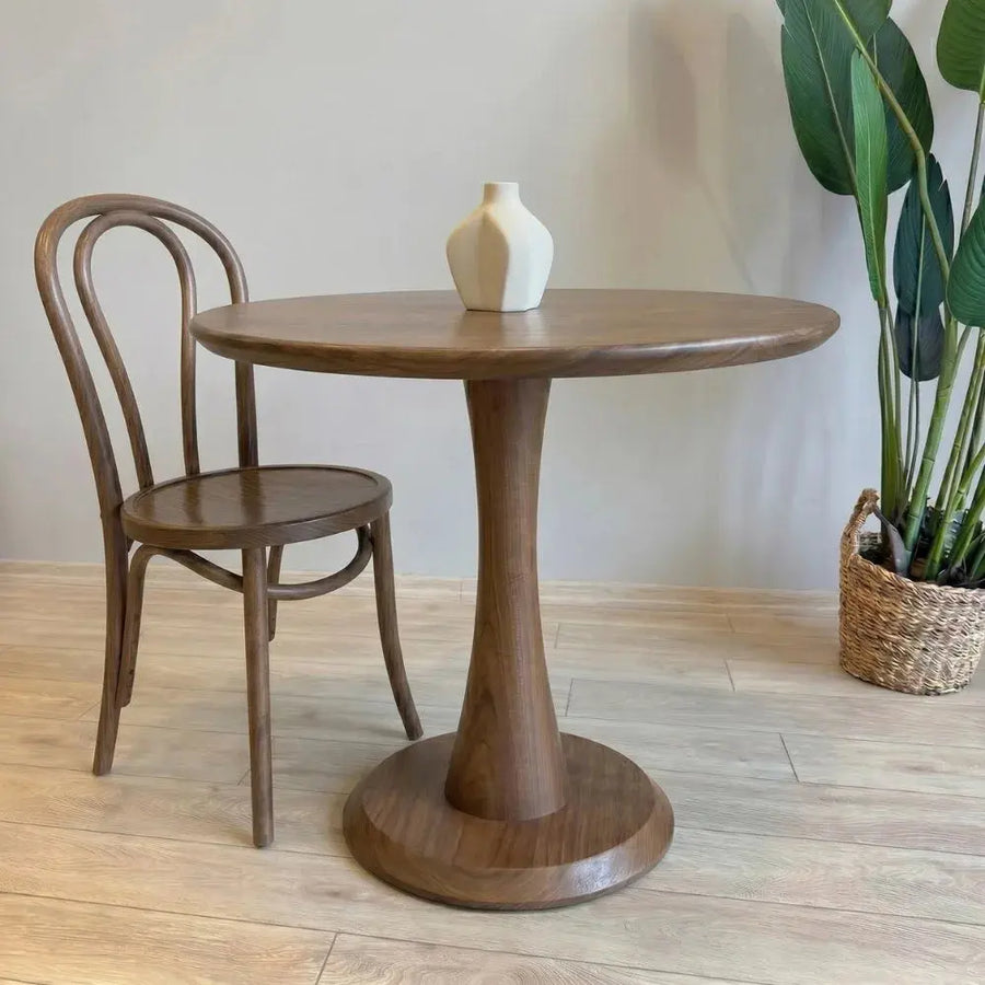 Alya Solid Walnut Sculptural Pedestal Dining Table – Round Modern Design Mozilya