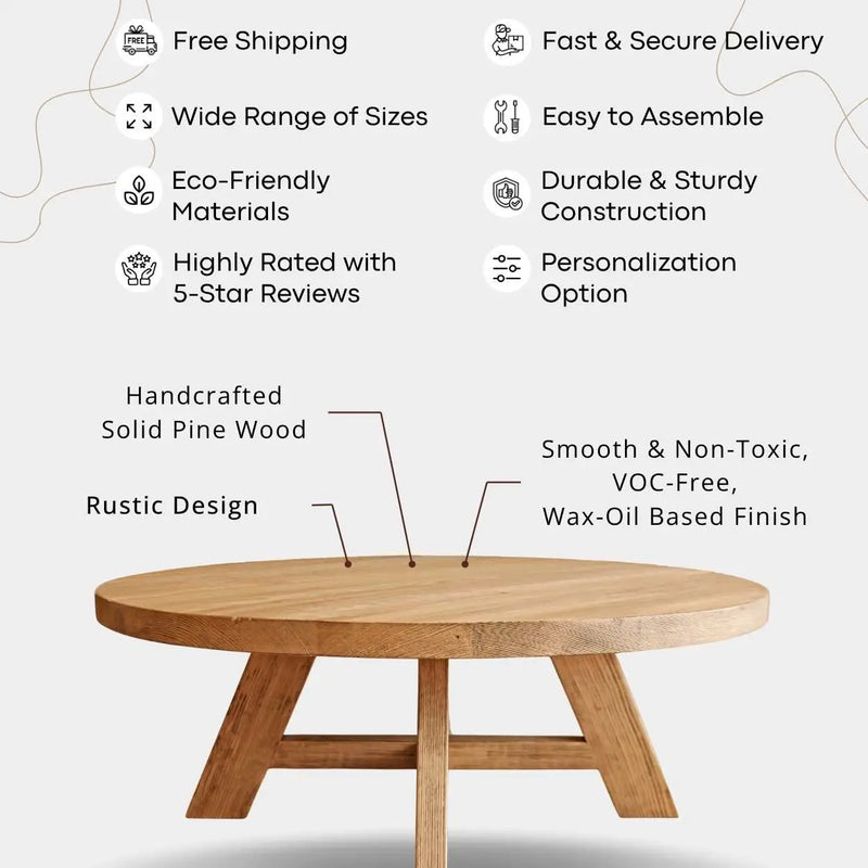 Amber Round Farmhouse Coffee Table - Solid Pine Wood