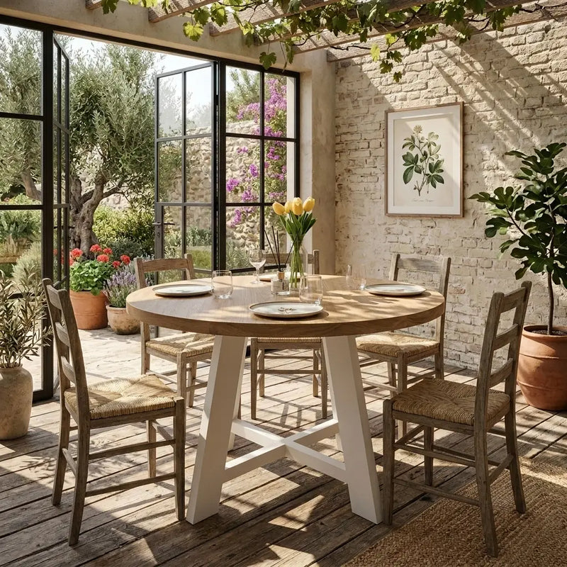 Amber Solid Oak Wood Round Dining Table – Farmhouse Country Design