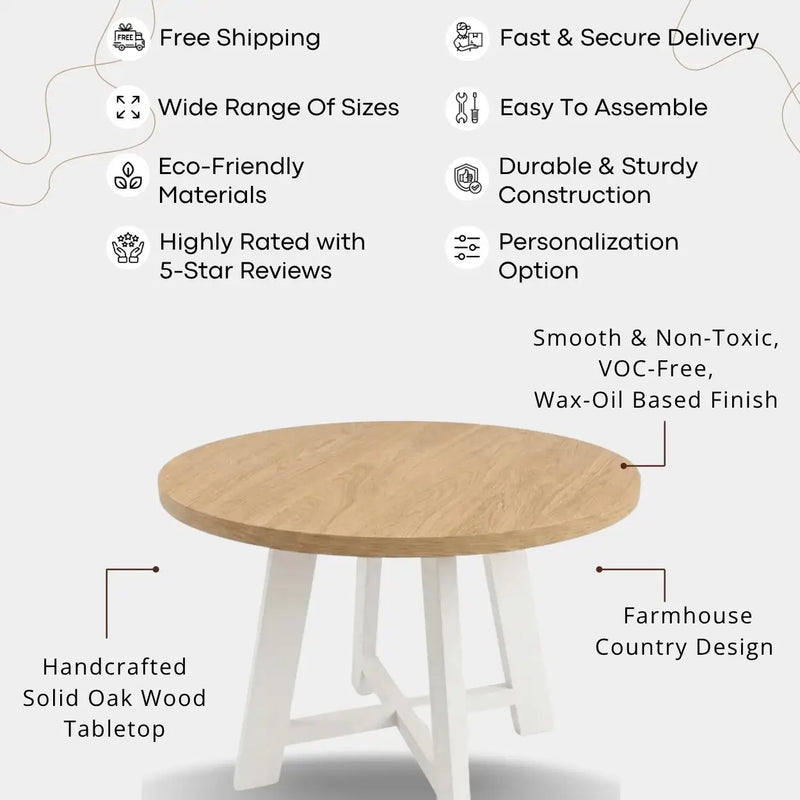 Amber Solid Oak Wood Round Dining Table – Farmhouse Country Design