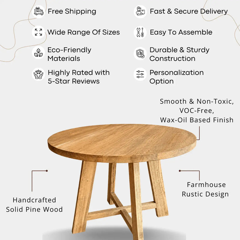 Amber Round Farmhouse Dining Table | Solid Wood Design Mozilya