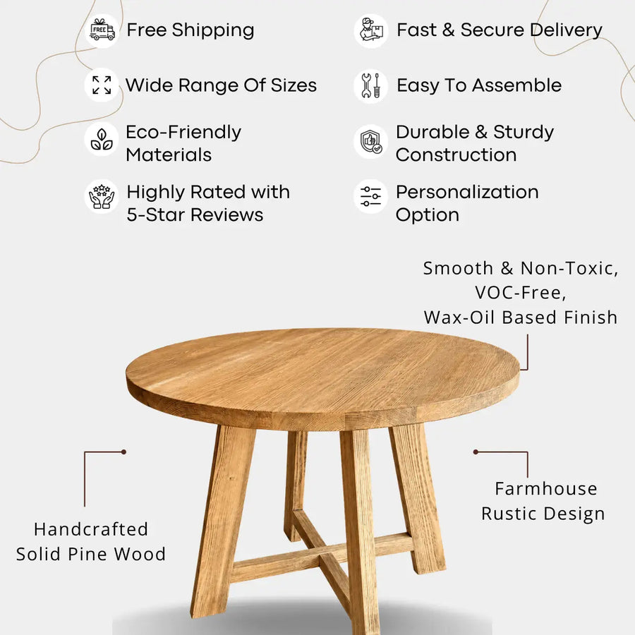 Amber Round Farmhouse Dining Table | Solid Wood Design Mozilya