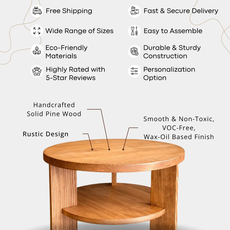 Aola Solid Pine Wood Coffee Table with Storage – Farmhouse Rustic Round Design
