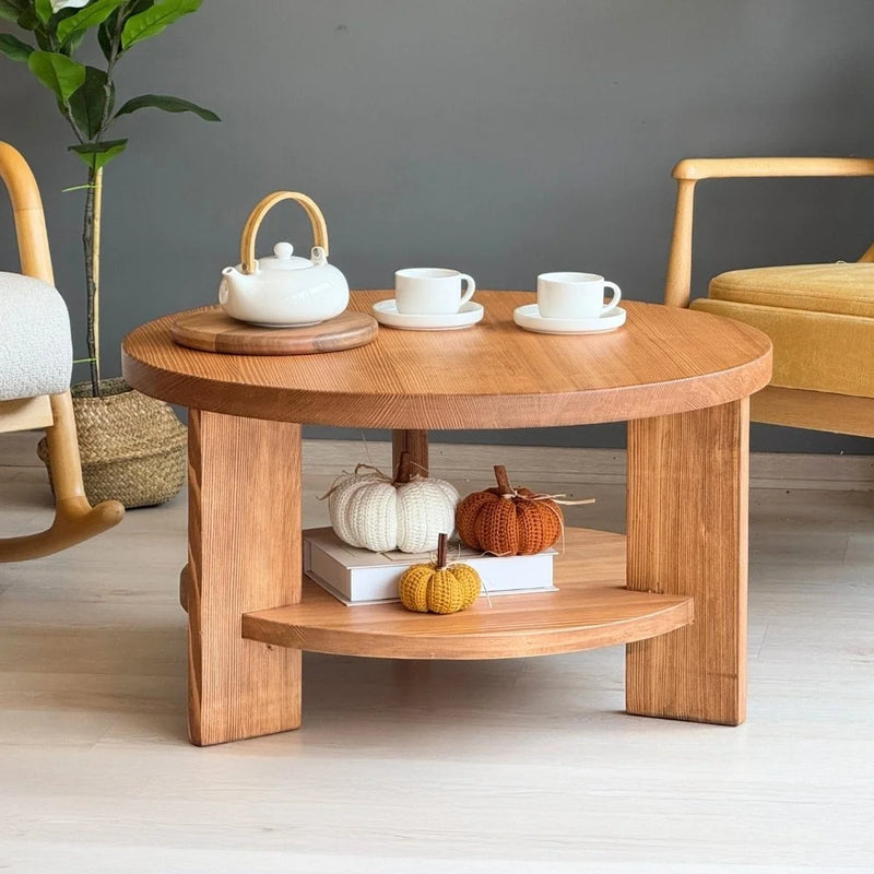 Aola Solid Pine Wood Coffee Table with Storage – Farmhouse Rustic Round Design