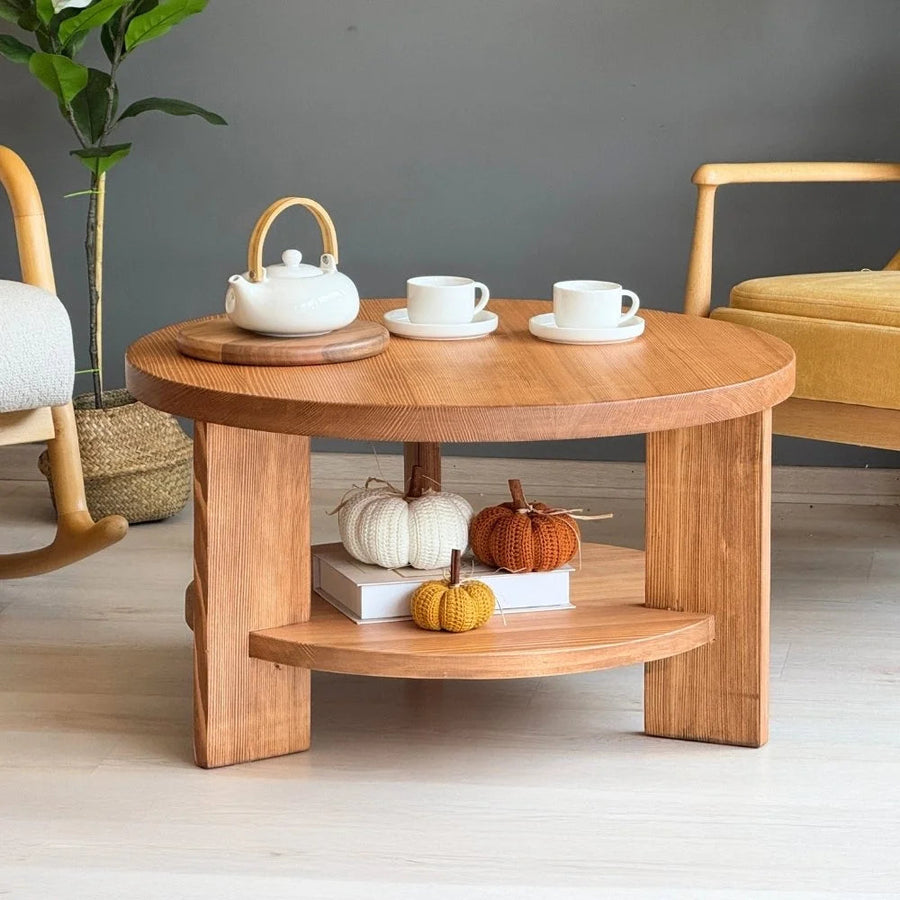 Aola Solid Pine Wood Coffee Table with Storage – Farmhouse Rustic Round Design Mozilya