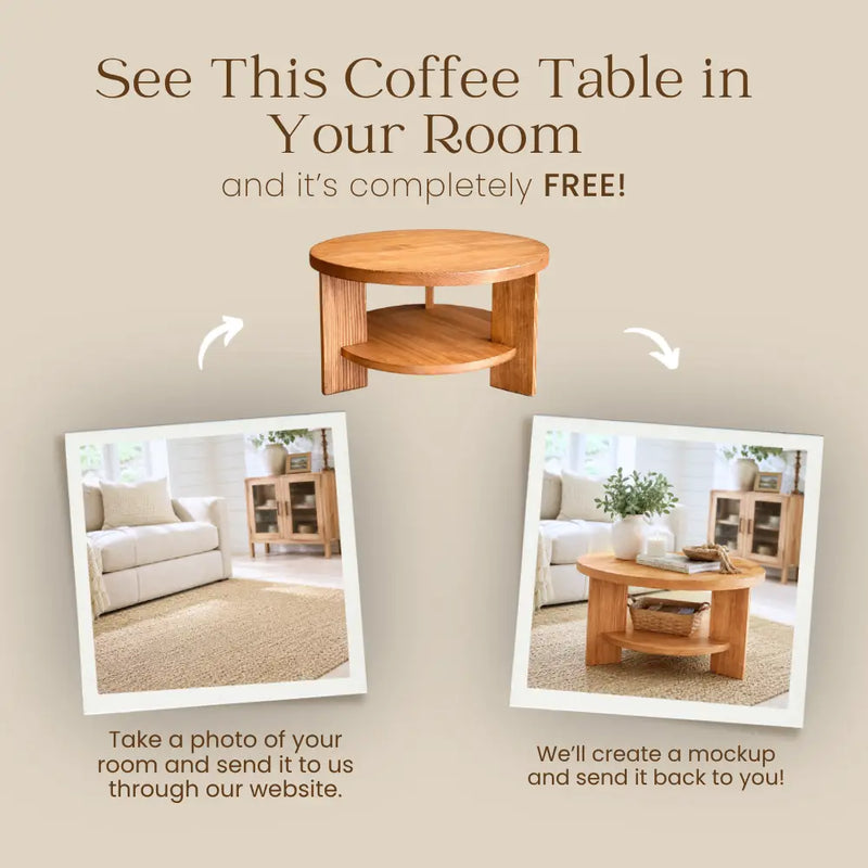Aola Solid Pine Wood Coffee Table with Storage – Farmhouse Rustic Round Design