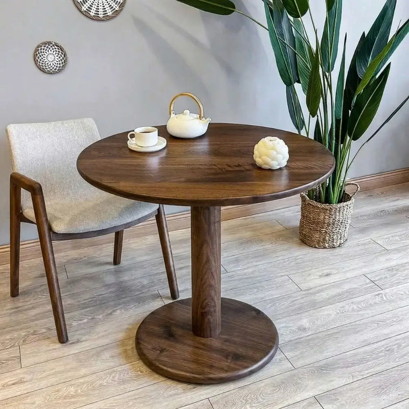 Aven Walnut Wood Dining Table – Modern Pedestal Round Design