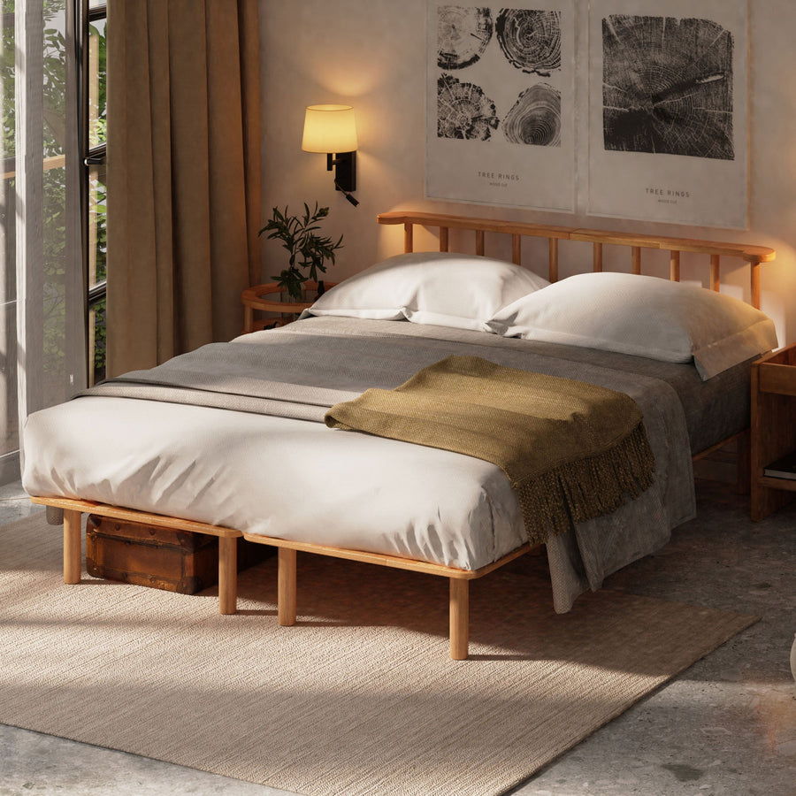Queens Solid Beech Wood Double Bed Frame | Scandinavian Platform Bed Demontha