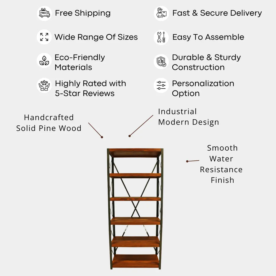 Bellingham Pine Bookcase | Metal Base Industrial Design.
