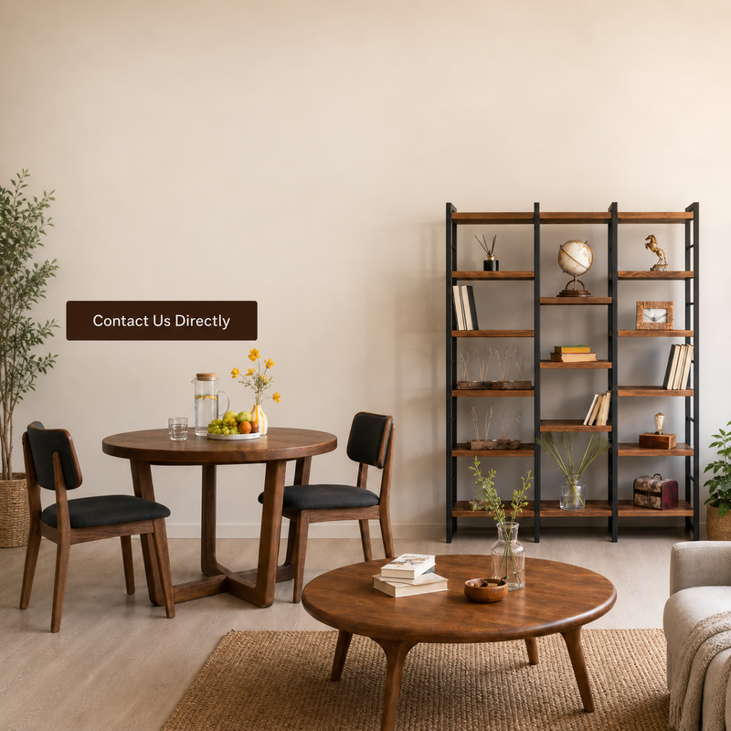 A styled interior room scene showing a round wooden dining table with two chairs, a round coffee table, a tall black metal shelving unit with wood shelves, plants, books, and decorative objects. A brown sign on the wall reads 'Contact Us Directly'.