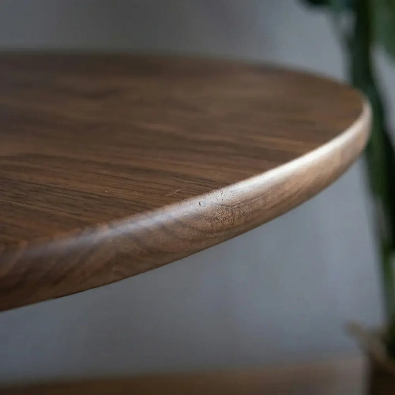Dorel Round Walnut Dining Table with Sculptural Base – Modern Pedestal Design